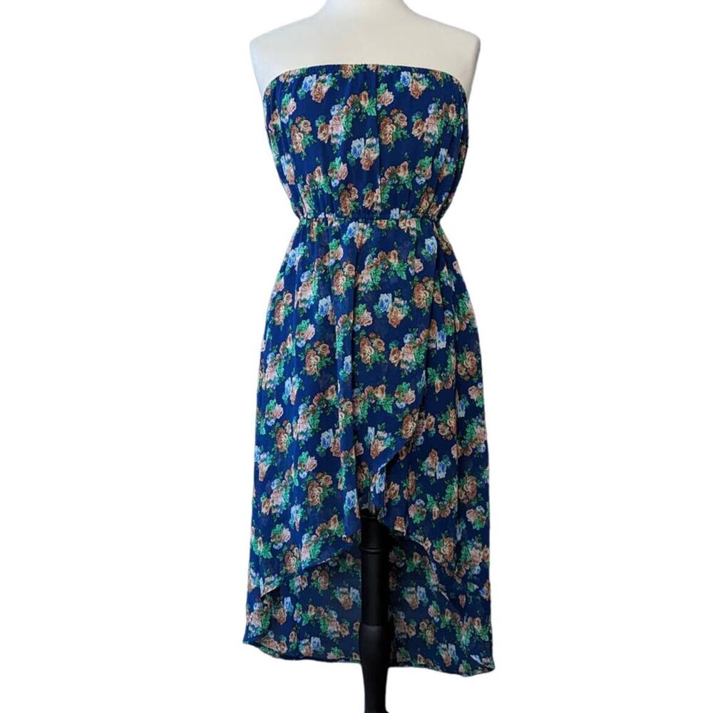 Iris Women's Size Large Blue Strapless Faux Wrap Hi-low floral dress
